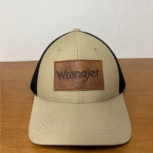 Wrangler Tan and Black Trucker Hat snapback leather front patch used pre owned
